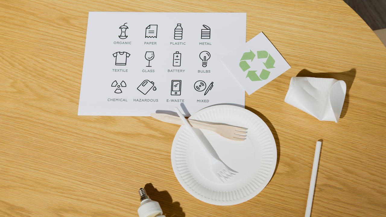 About A flat lay of eco-friendly tableware and recycling icons promoting sustainability.